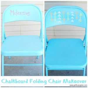 Chalkboard Folding Chair Makeover on www.girllovesglam.com! Never use a place card again! Write everyone's names on the chair they are sitting on! #diy #tutorial