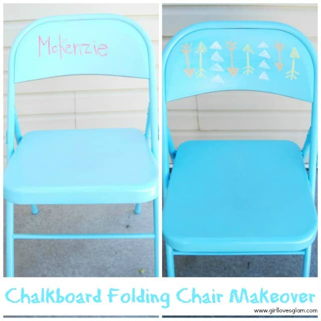 Chalkboard Folding Chair Makeover on www.girllovesglam.com! Never use a place card again! Write everyone's names on the chair they are sitting on! #diy #tutorial