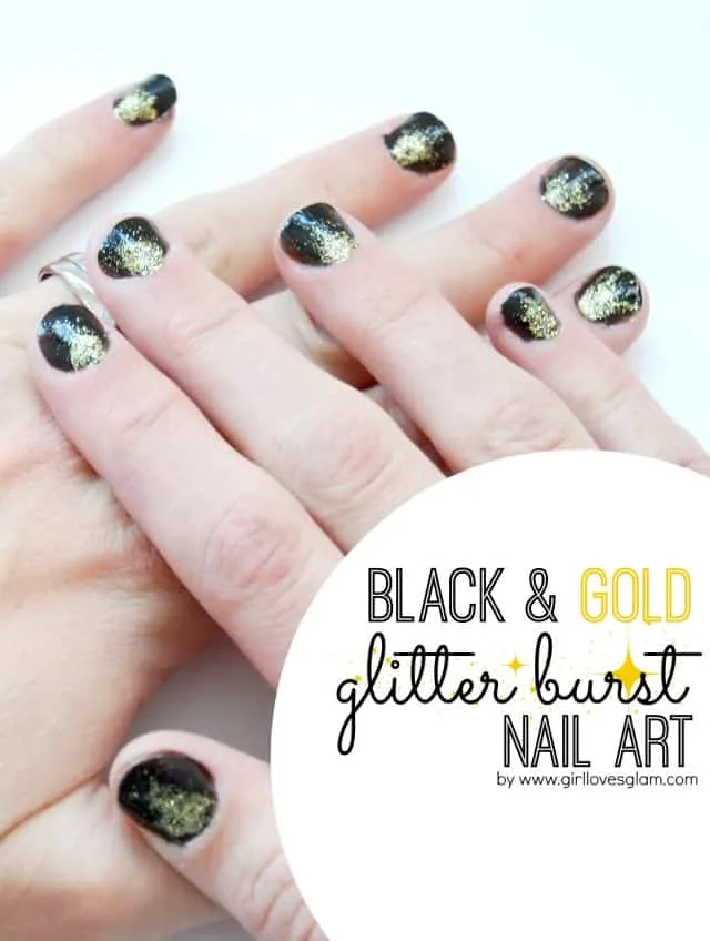 Black and Gold Glitter Burst Nail Art