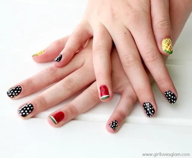 Fruit retro inspired nail art including watermelon and pineapple nails on www.girllovesglam.com