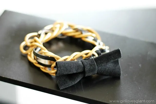 Chain link leather bow bracelet tutorial on www.girllovesglam.com