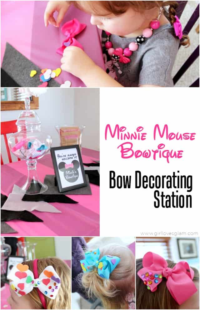 Minnie Mouse Bowtique Bow Decorating Station Party on www.girllovesglam.com