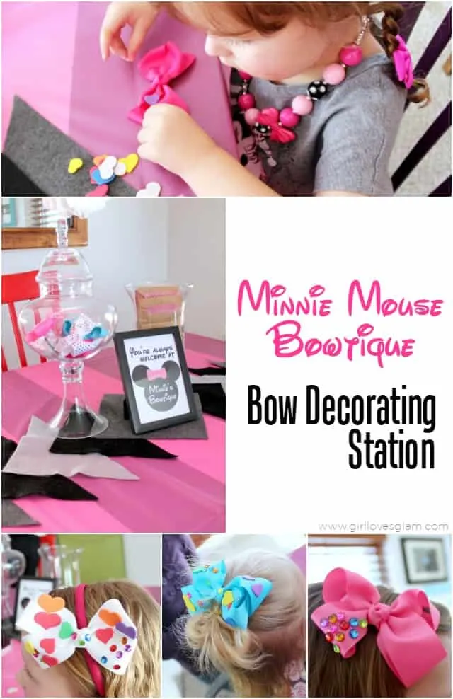 Minnie Mouse Bowtique Bow Decorating Station Party on www.girllovesglam.com