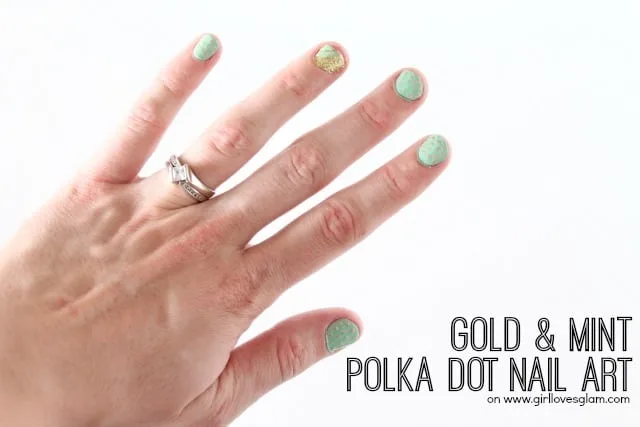 Gold and Mint Polka Dot Nail Art on www.girllovesglam.com