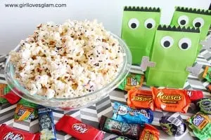 Halloween White Chocolate Popcorn and Frankenstein Bags on www.girllovesglam.com