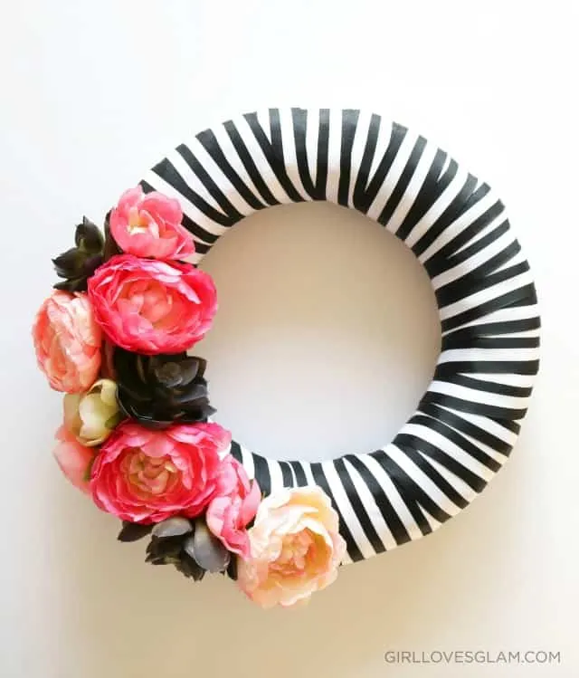 Spring Floral and Stripe Black and White Wreath