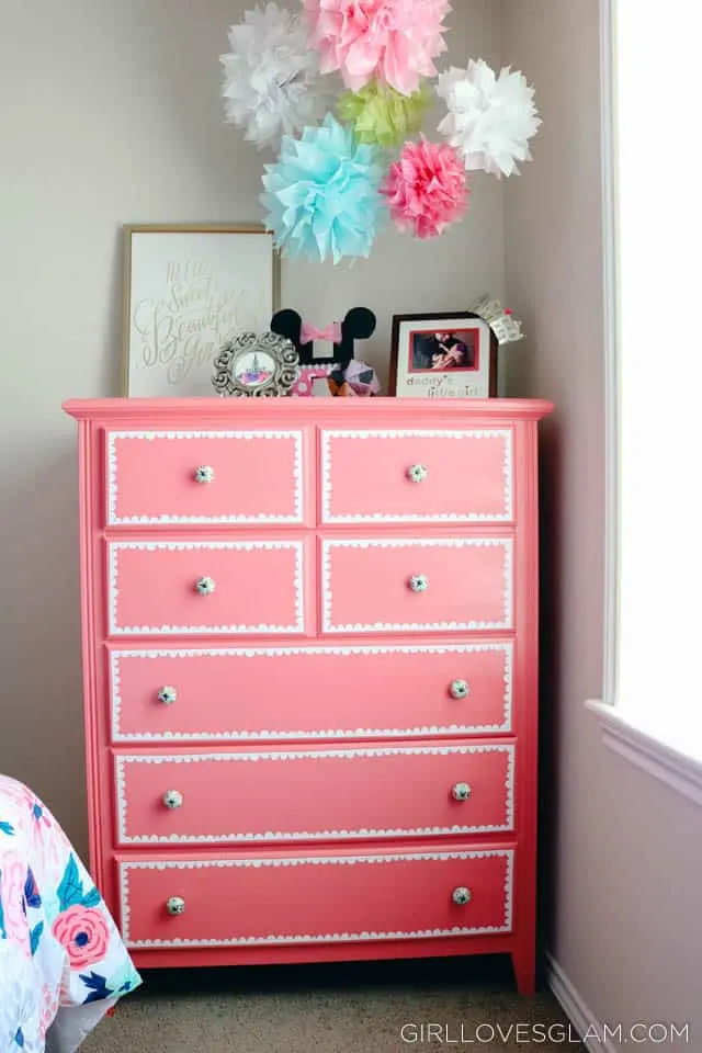 Pink Refinished Dresser with Scallop Trim on www.girllovesglam.com